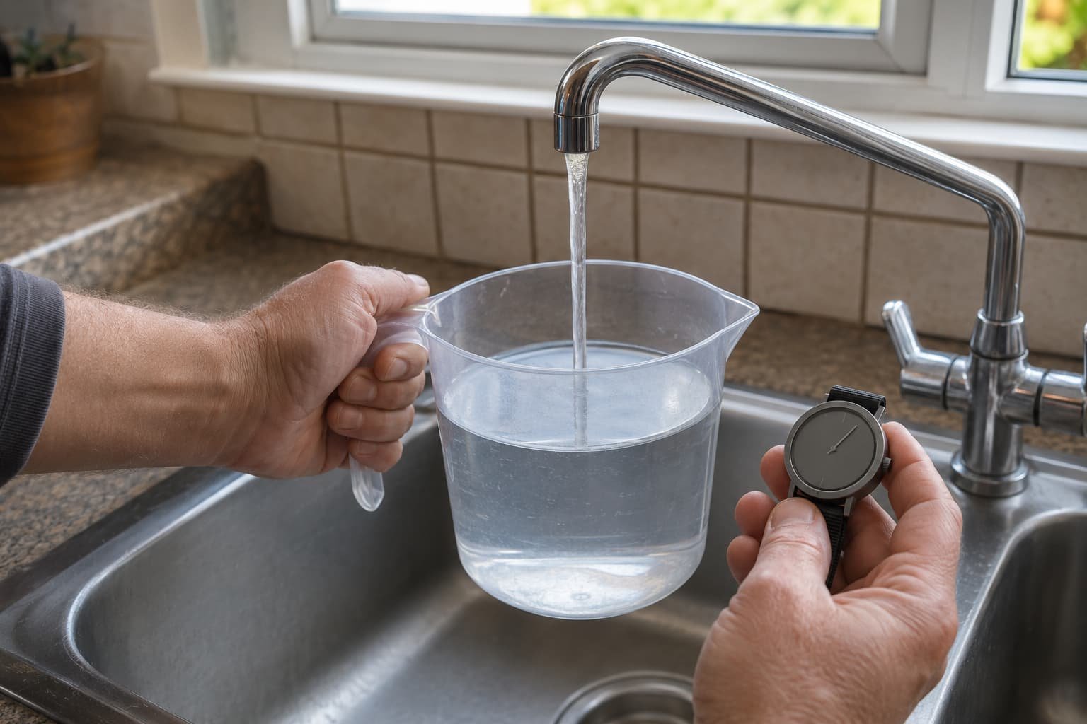 boiler flow rate test using a jug under a kitchen tap