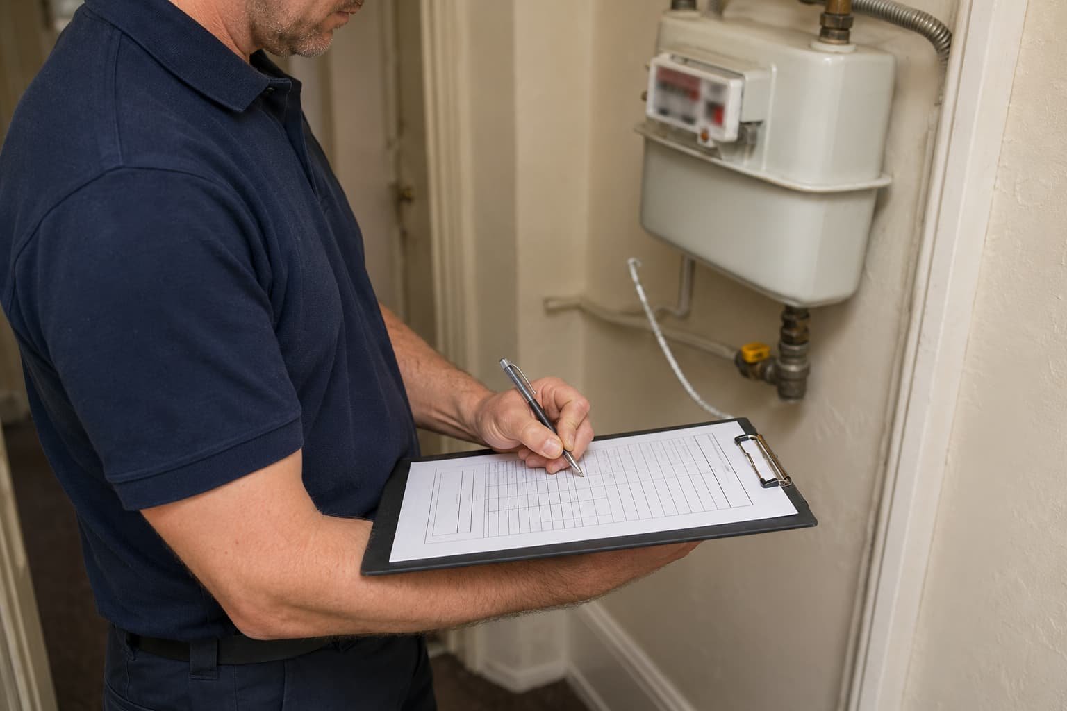 landlord gas certificate being completed at a gas meter
